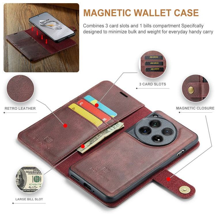DG.MING for OnePlus 12 5G Case Detachable Split Leather Phone Cover with Stand Wallet - Red