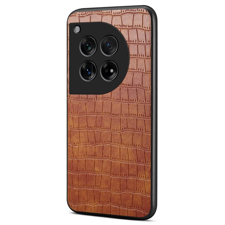 For OnePlus 12 5G Back Case Crocodile Texture Leather Shock-Absorbent Phone Cover - Brown
