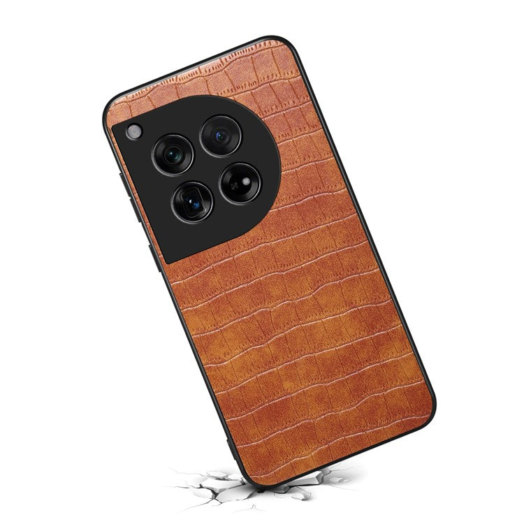 For OnePlus 12 5G Back Case Crocodile Texture Leather Shock-Absorbent Phone Cover - Brown