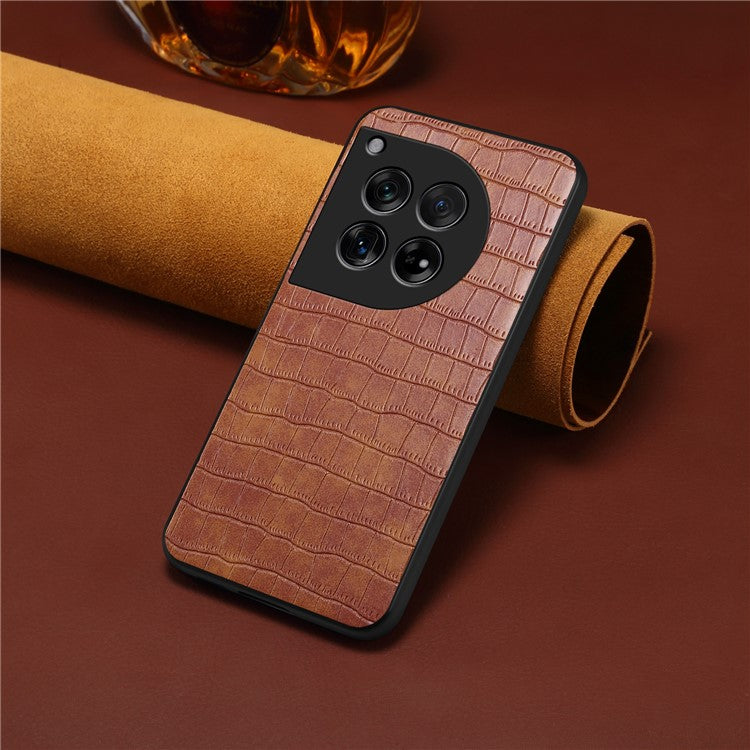For OnePlus 12 5G Back Case Crocodile Texture Leather Shock-Absorbent Phone Cover - Brown