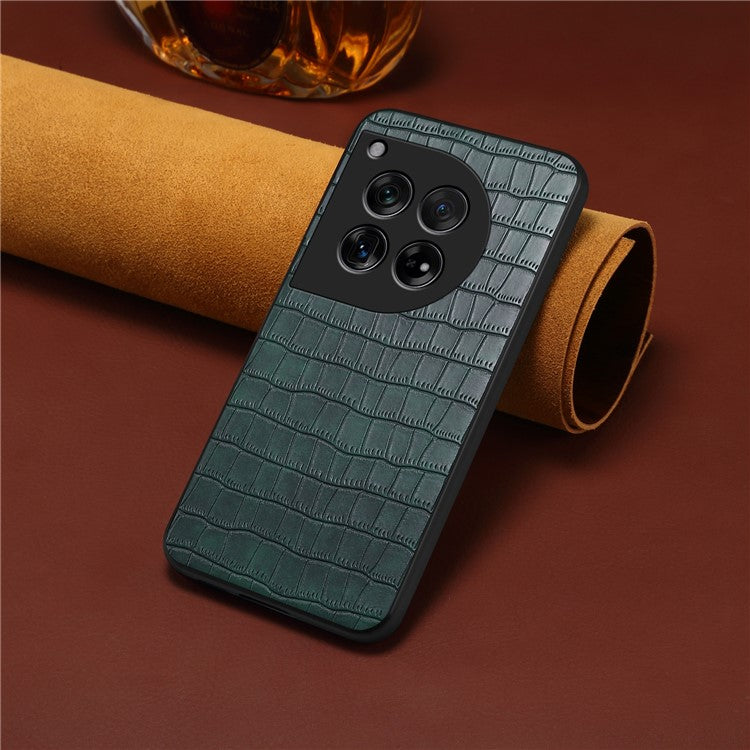 For OnePlus 12 5G Back Case Crocodile Texture Leather Shock-Absorbent Phone Cover - Green