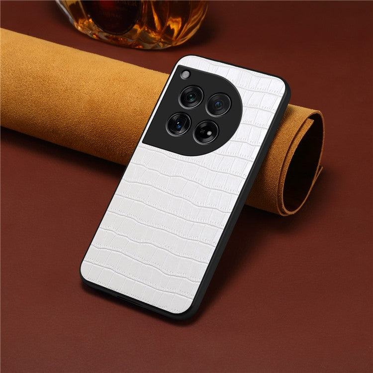 For OnePlus 12 5G Back Case Crocodile Texture Leather Shock-Absorbent Phone Cover - White