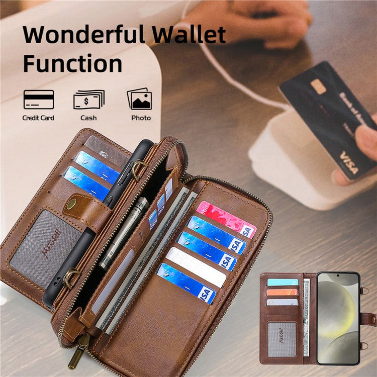 MEGSHI 020 Series for Samsung Galaxy S24+ Phone Case Crossbody PU Leather Foldable Stand Cover - Brown