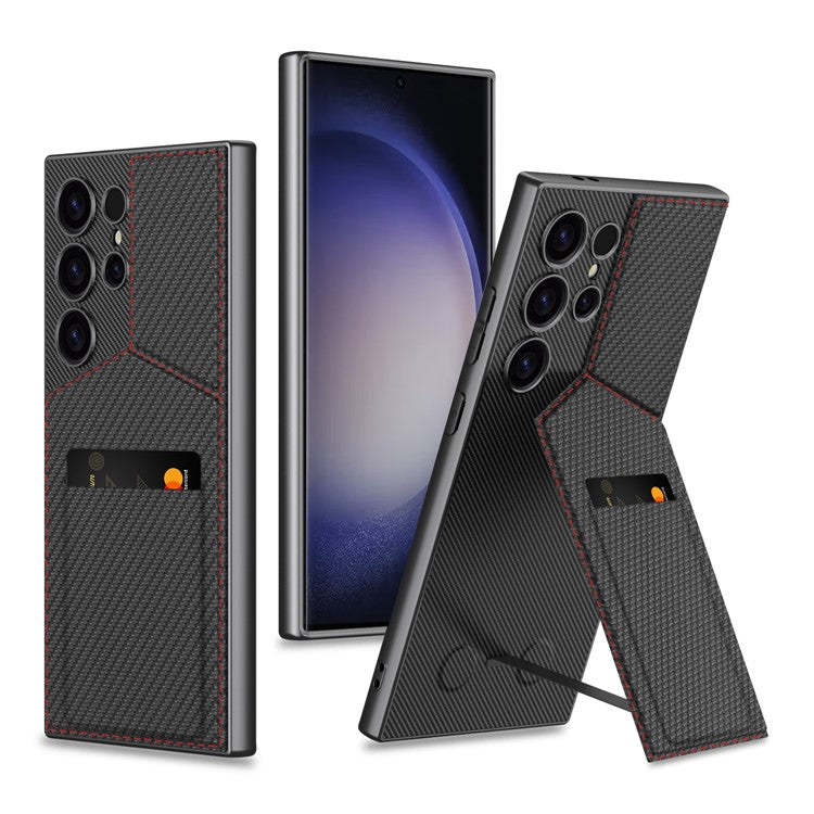 GKK For Samsung Galaxy S24 Ultra Phone Case Rotatable Card Holder Kickstand PC+PU Mobile Case - Carbon Fiber
