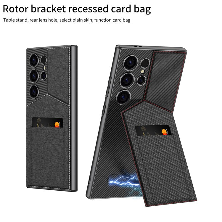 GKK For Samsung Galaxy S24 Ultra Phone Case Rotatable Card Holder Kickstand PC+PU Mobile Case - Carbon Fiber