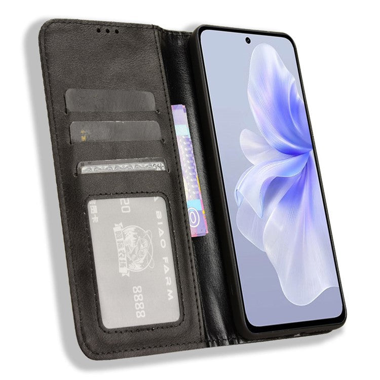 For vivo S18e 5G Case Vintage PU Leather Folio Wallet Phone Cover - Black