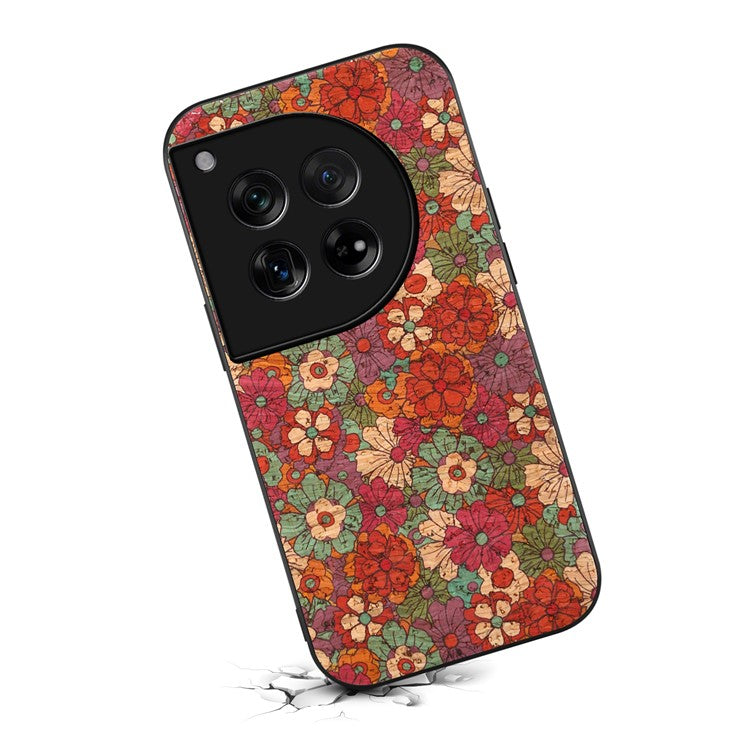 For OnePlus 12 5G Flower Pattern Case PU Leather Coated PC+TPU Hybrid Phone Cover - Summer / Red