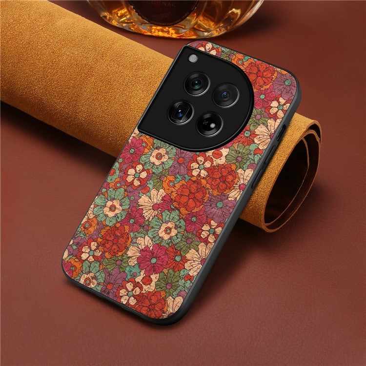 For OnePlus 12 5G Flower Pattern Case PU Leather Coated PC+TPU Hybrid Phone Cover - Summer / Red