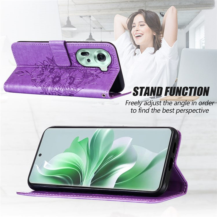YB Imprinting Series-4 For Oppo Reno11 5G (Global) Case Leather+TPU Mobile Phone Cover with Butterfly Pattern - Purple