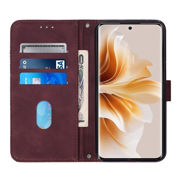 YB Imprinting Series-1 For Oppo Reno11 Pro 5G (Global) Case Leather Stand Flip Phone Cover with Hand Strap - Wine Red