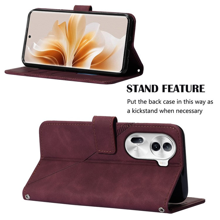 YB Imprinting Series-1 For Oppo Reno11 Pro 5G (Global) Case Leather Stand Flip Phone Cover with Hand Strap - Wine Red