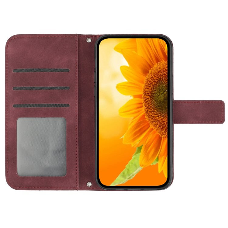 HT04 For OnePlus Nord CE4 5G Case with Strap PU Leather Sunflower Wallet Phone Cover - Wine Red