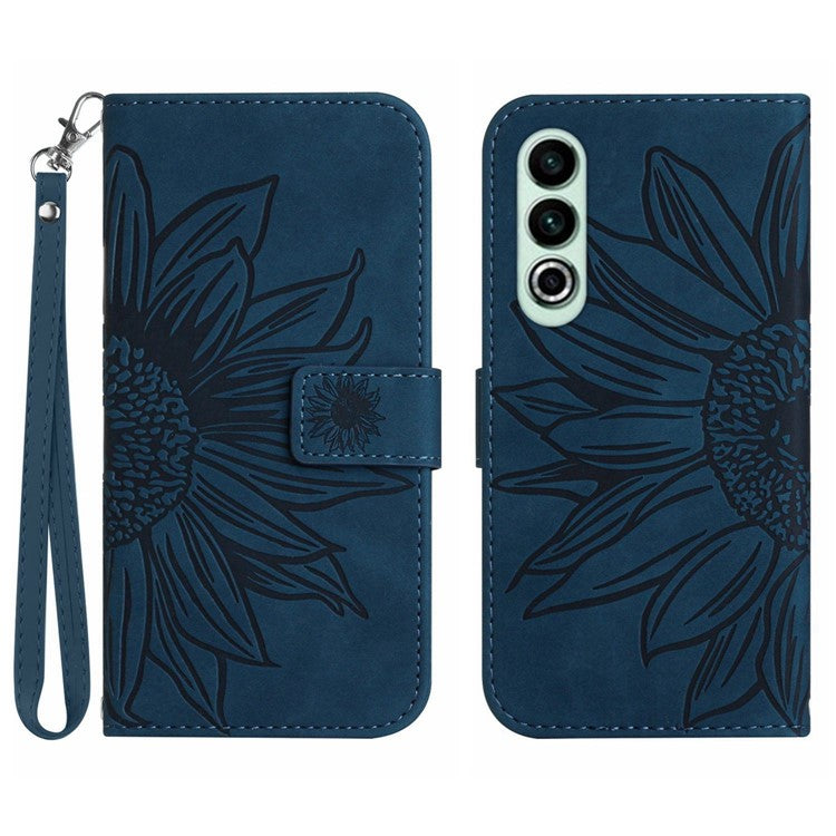 HT04 For OnePlus Nord CE4 5G Case with Strap PU Leather Sunflower Wallet Phone Cover - Dark Blue