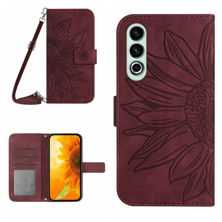 HT04 For OnePlus Nord CE4 5G Case Sunflower Flip Leather Phone Cover with Shoulder Strap - Wine Red