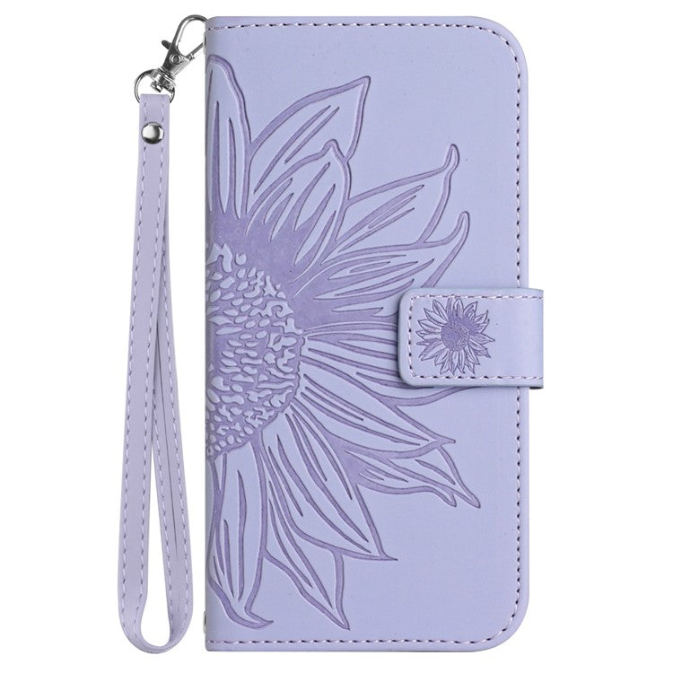 HT04 For Samsung Galaxy M15 5G Case PU Leather Wrist Strap Sunflower Wallet Phone Cover - Light Purple