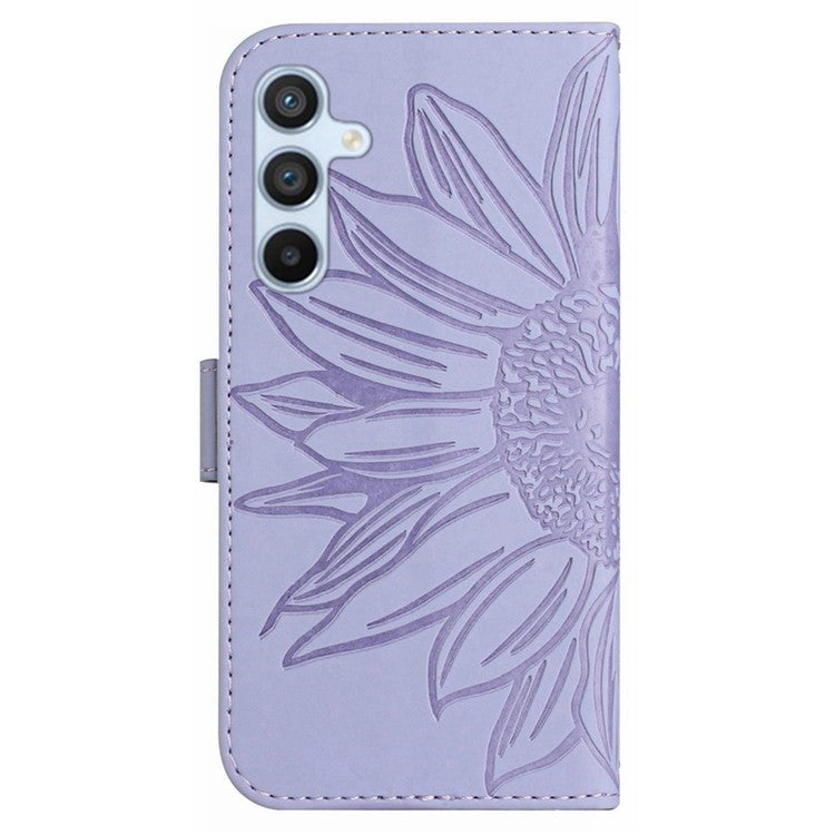 HT04 For Samsung Galaxy M15 5G Case PU Leather Wrist Strap Sunflower Wallet Phone Cover - Light Purple