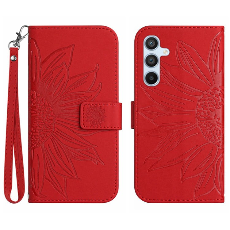 HT04 For Samsung Galaxy M15 5G Case PU Leather Wrist Strap Sunflower Wallet Phone Cover - Red