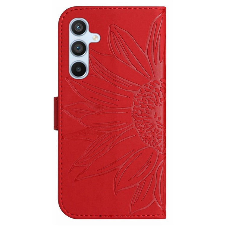 HT04 For Samsung Galaxy M15 5G Case PU Leather Wrist Strap Sunflower Wallet Phone Cover - Red