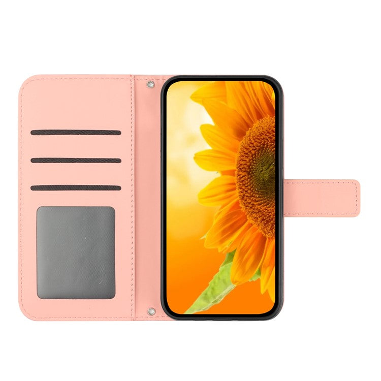 HT04 For Samsung Galaxy M15 5G Case PU Leather Wrist Strap Sunflower Wallet Phone Cover - Light Pink