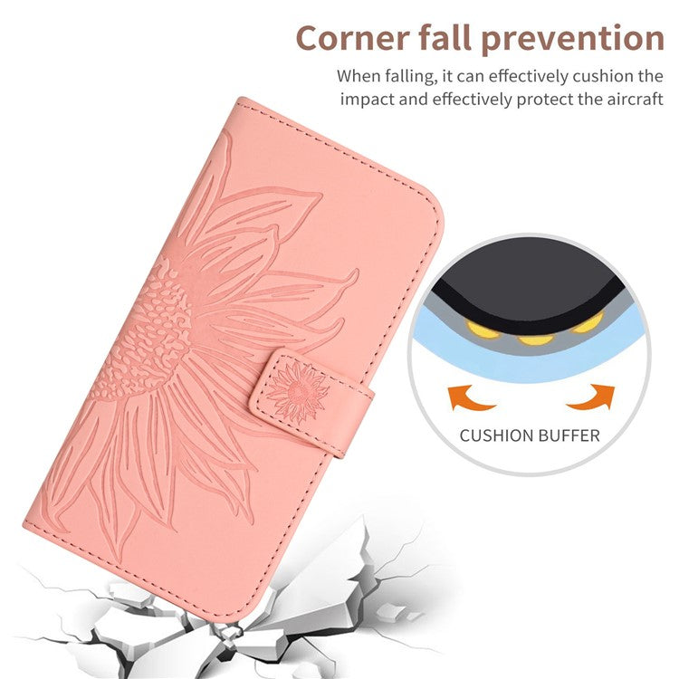 HT04 For Samsung Galaxy M15 5G Case PU Leather Wrist Strap Sunflower Wallet Phone Cover - Light Pink