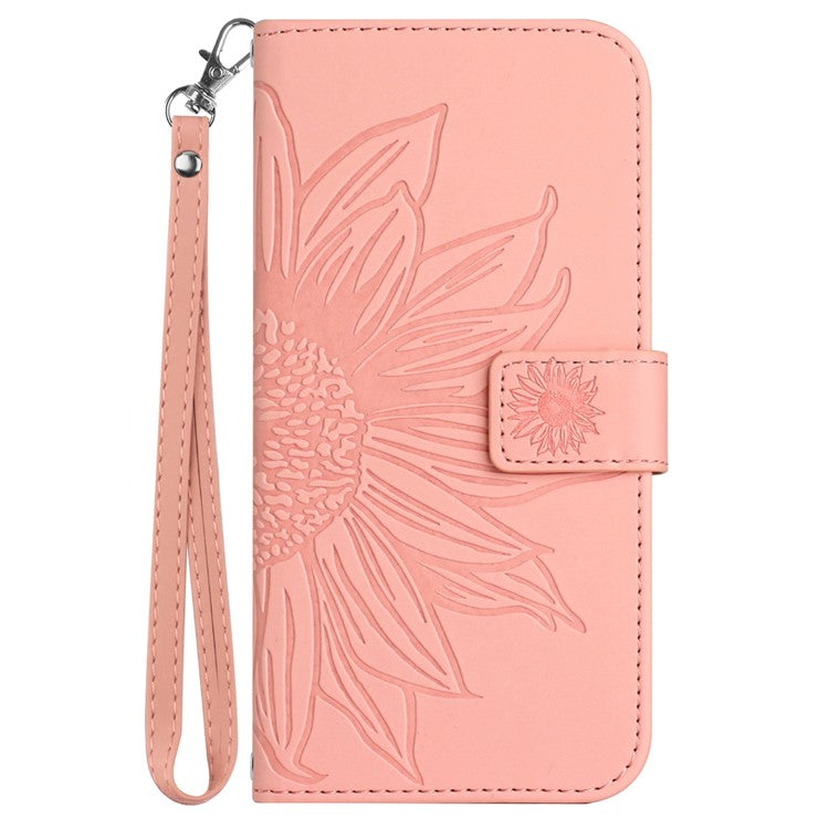 HT04 For Samsung Galaxy M15 5G Case PU Leather Wrist Strap Sunflower Wallet Phone Cover - Light Pink