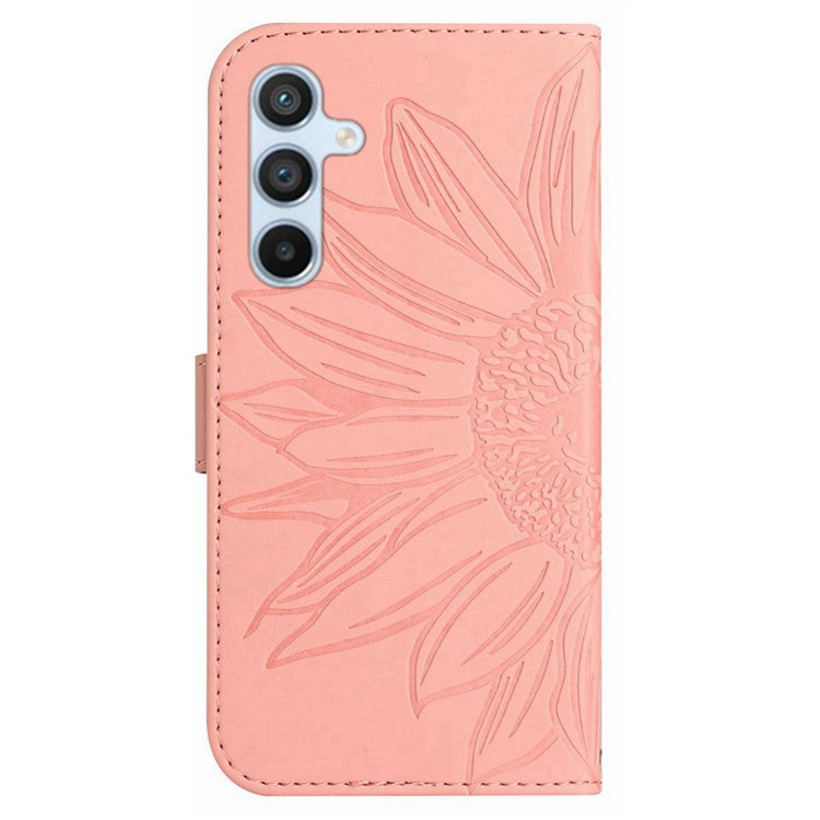HT04 For Samsung Galaxy M15 5G Case PU Leather Wrist Strap Sunflower Wallet Phone Cover - Light Pink