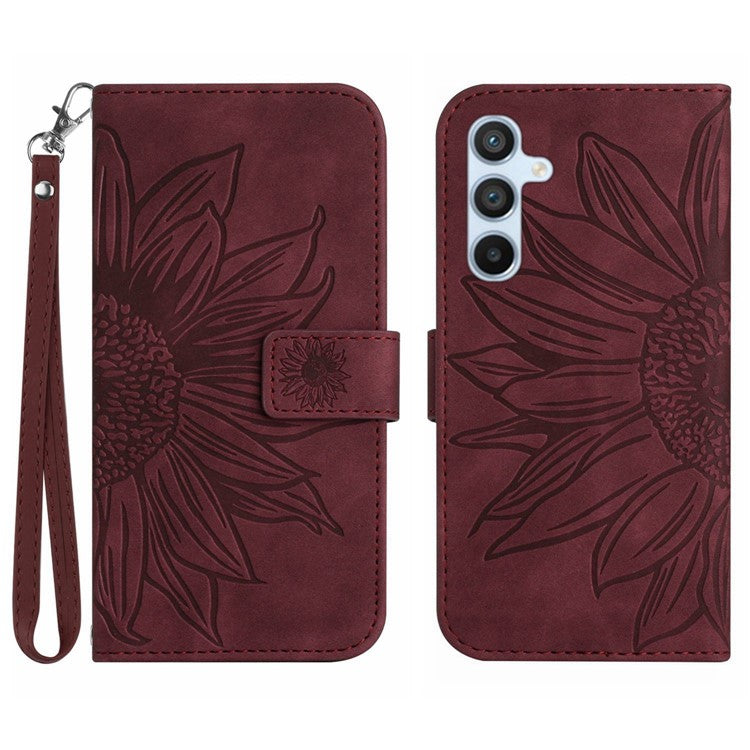 HT04 For Samsung Galaxy M15 5G Case PU Leather Wrist Strap Sunflower Wallet Phone Cover - Wine Red