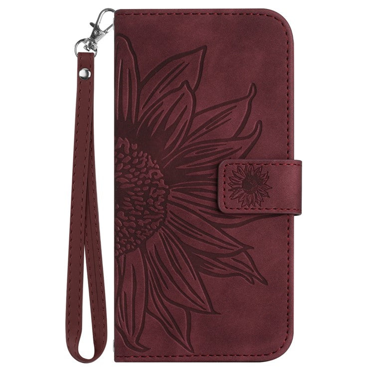 HT04 For Samsung Galaxy M15 5G Case PU Leather Wrist Strap Sunflower Wallet Phone Cover - Wine Red