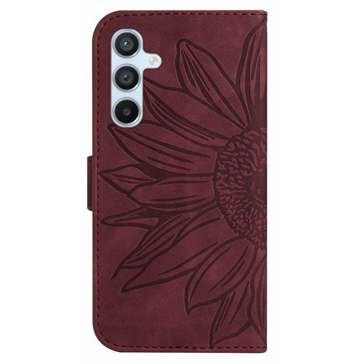 HT04 For Samsung Galaxy M15 5G Case PU Leather Wrist Strap Sunflower Wallet Phone Cover - Wine Red