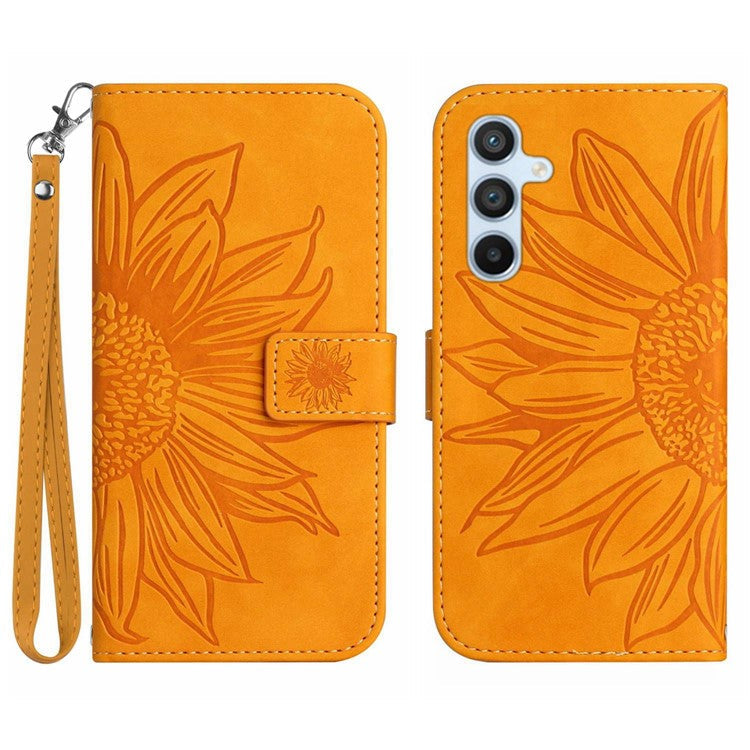HT04 For Samsung Galaxy M15 5G Case PU Leather Wrist Strap Sunflower Wallet Phone Cover - Yellow