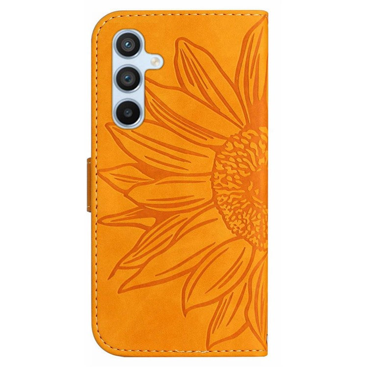 HT04 For Samsung Galaxy M15 5G Case PU Leather Wrist Strap Sunflower Wallet Phone Cover - Yellow