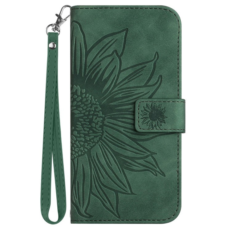 HT04 For Samsung Galaxy M15 5G Case PU Leather Wrist Strap Sunflower Wallet Phone Cover - Dark Green