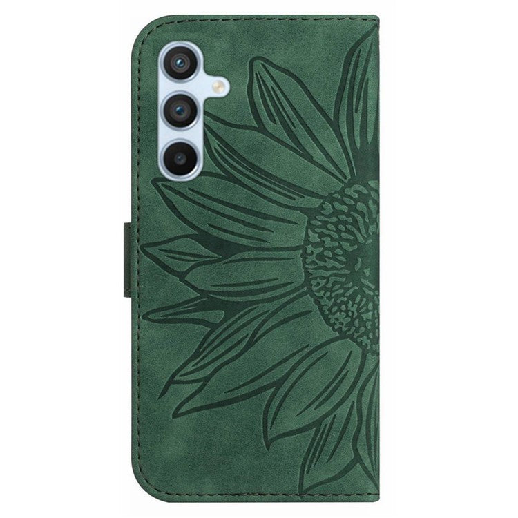 HT04 For Samsung Galaxy M15 5G Case PU Leather Wrist Strap Sunflower Wallet Phone Cover - Dark Green