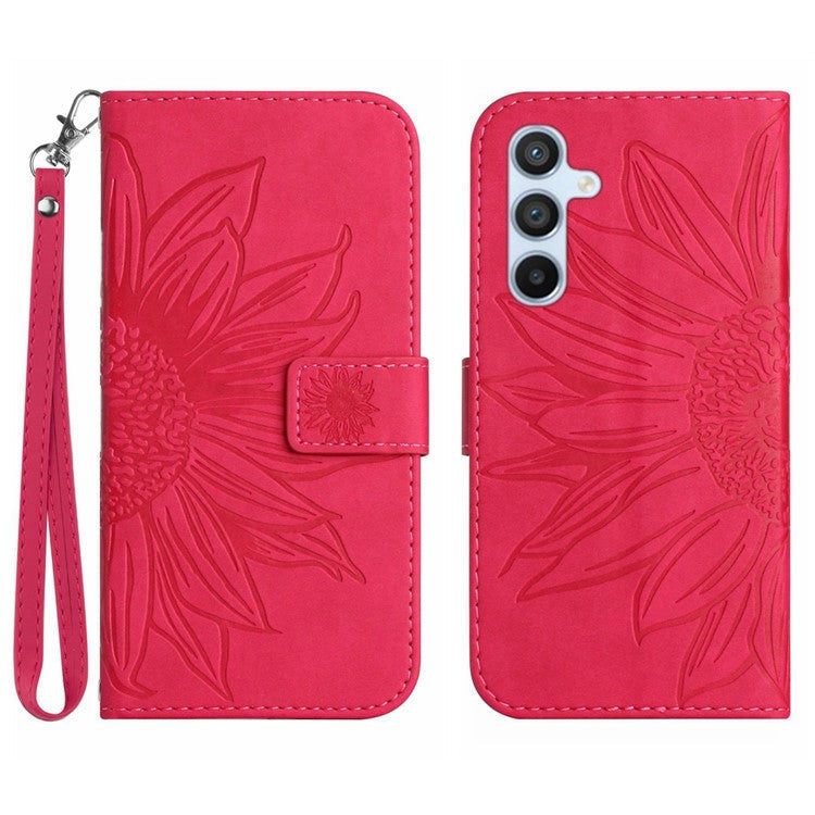 HT04 For Samsung Galaxy M15 5G Case PU Leather Wrist Strap Sunflower Wallet Phone Cover - Rose
