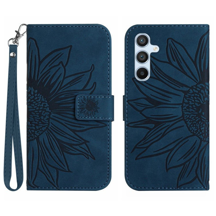 HT04 For Samsung Galaxy M15 5G Case PU Leather Wrist Strap Sunflower Wallet Phone Cover - Dark Blue