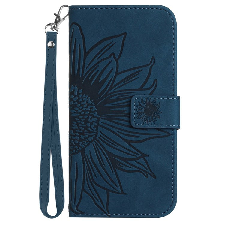 HT04 For Samsung Galaxy M15 5G Case PU Leather Wrist Strap Sunflower Wallet Phone Cover - Dark Blue