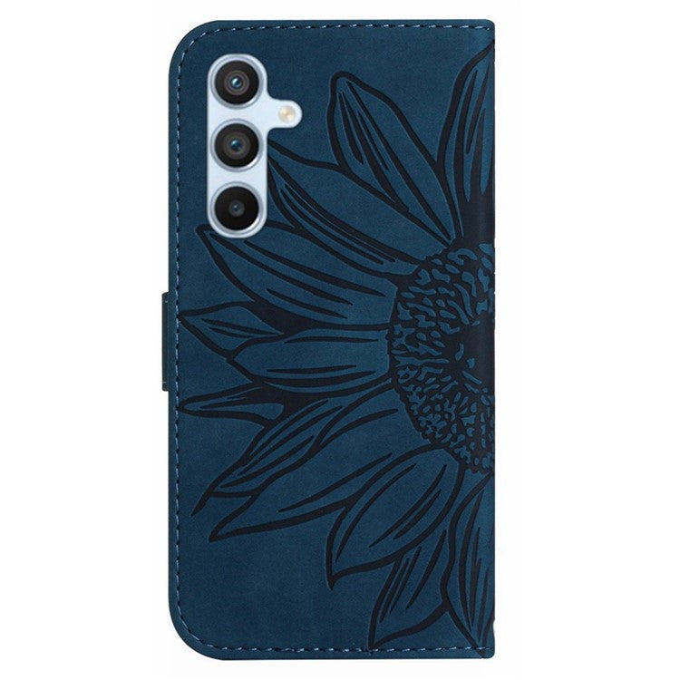 HT04 For Samsung Galaxy M15 5G Case PU Leather Wrist Strap Sunflower Wallet Phone Cover - Dark Blue
