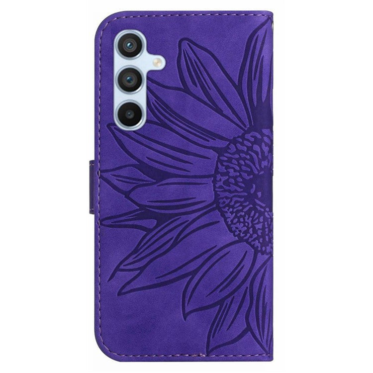 HT04 For Samsung Galaxy M15 5G Case PU Leather Wrist Strap Sunflower Wallet Phone Cover - Dark Purple