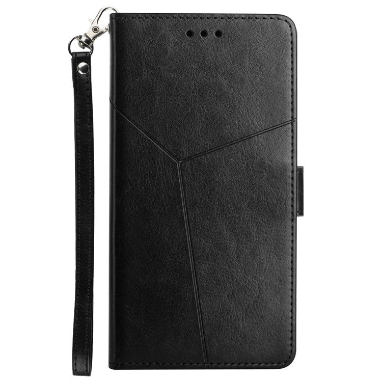 For Samsung Galaxy M15 5G Case with Wrist Strap Y Shaped Lines Imprint Leather Phone Cover - Black