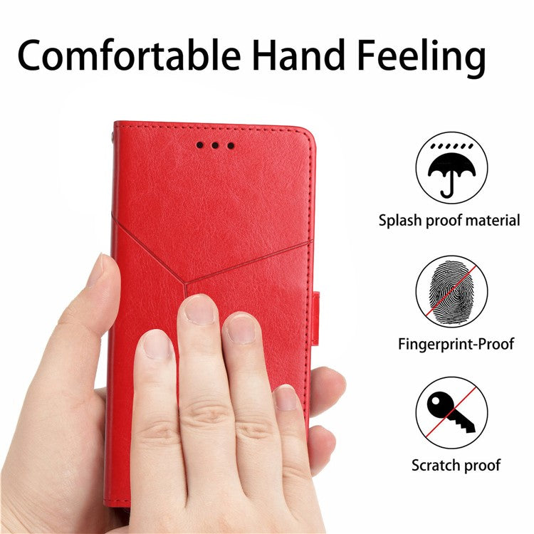 For Samsung Galaxy M15 5G Case with Wrist Strap Y Shaped Lines Imprint Leather Phone Cover - Red