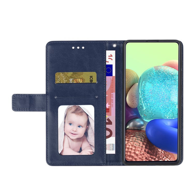 For Samsung Galaxy M15 5G Case with Wrist Strap Y Shaped Lines Imprint Leather Phone Cover - Blue
