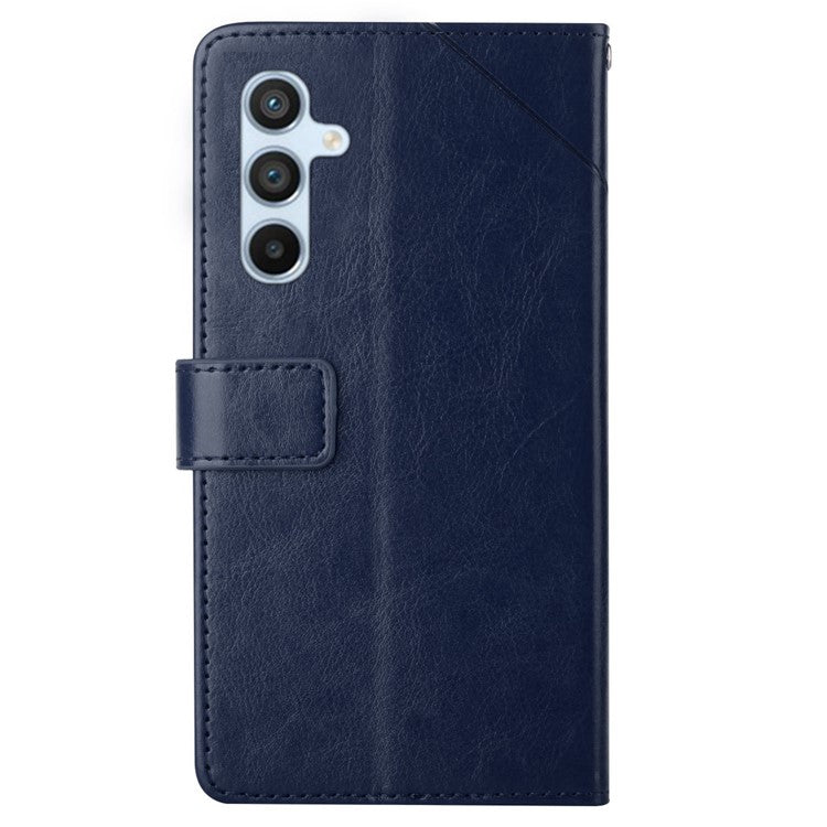 For Samsung Galaxy M15 5G Case with Wrist Strap Y Shaped Lines Imprint Leather Phone Cover - Blue