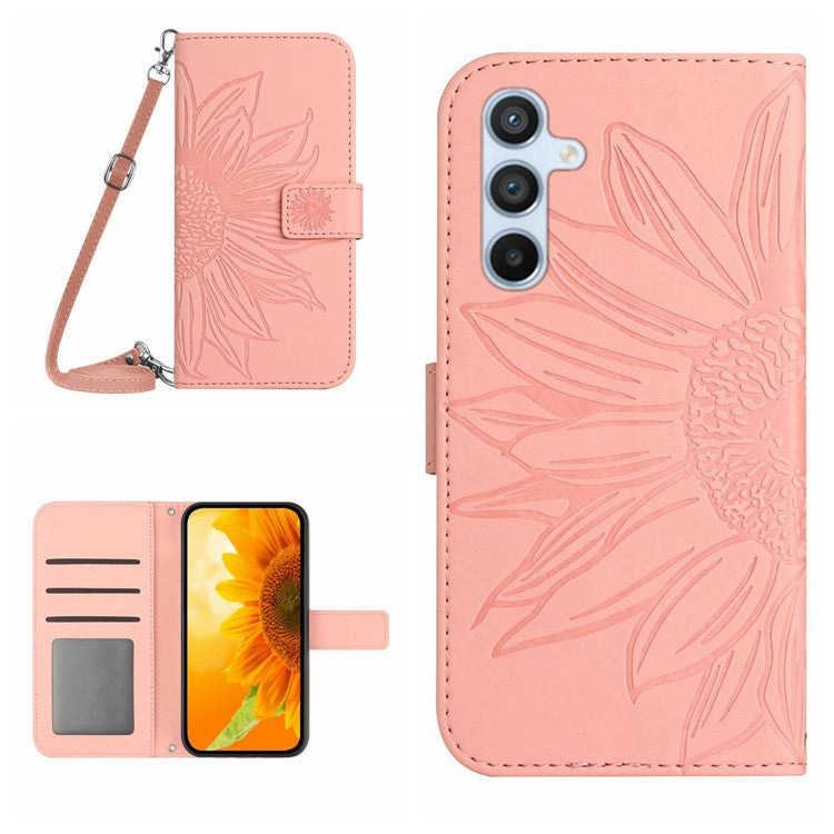 HT04 For Samsung Galaxy M15 5G Crossbody Case Sunflower Leather Magnetic Flip Phone Cover - Light Pink