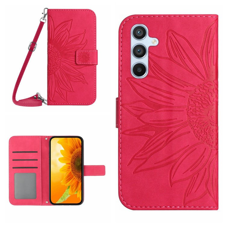 HT04 For Samsung Galaxy M15 5G Crossbody Case Sunflower Leather Magnetic Flip Phone Cover - Rose