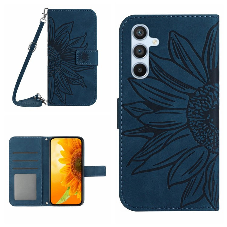 HT04 For Samsung Galaxy M15 5G Crossbody Case Sunflower Leather Magnetic Flip Phone Cover - Dark Blue