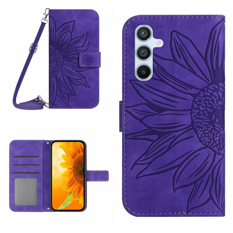 HT04 For Samsung Galaxy M15 5G Crossbody Case Sunflower Leather Magnetic Flip Phone Cover - Dark Purple