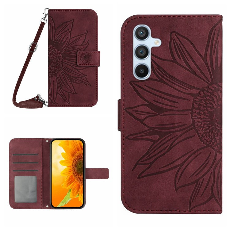 HT04 For Samsung Galaxy M15 5G Crossbody Case Sunflower Leather Magnetic Flip Phone Cover - Wine Red