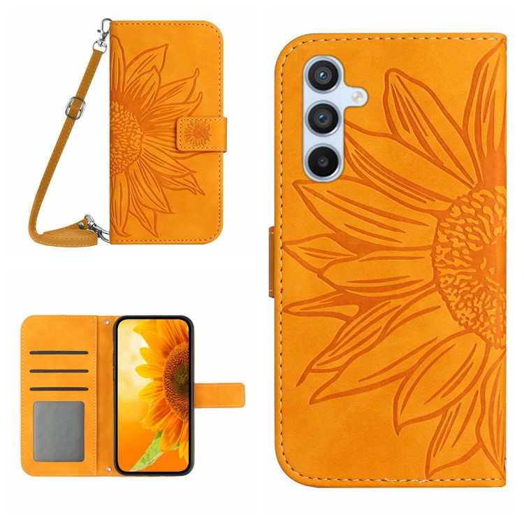 HT04 For Samsung Galaxy M15 5G Crossbody Case Sunflower Leather Magnetic Flip Phone Cover - Yellow