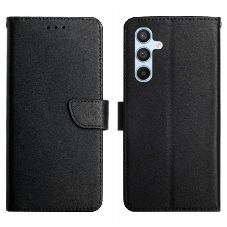 HT02 For Samsung Galaxy M15 5G Case Magnetic Folio Genuine Cow Leather Phone Cover - Black
