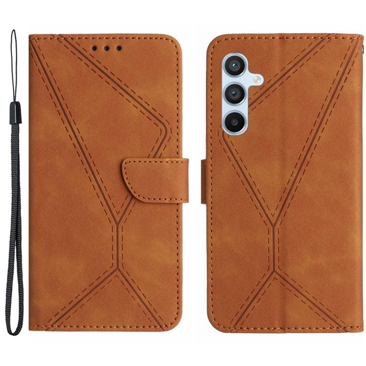 HT05 For Samsung Galaxy M15 5G Case Lines Imprinted PU Leather Skin-touch Phone Cover - Brown